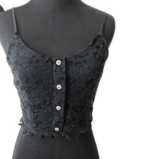 Paper Crane Black Lace Crop Top Front Gold Buttons Size Small